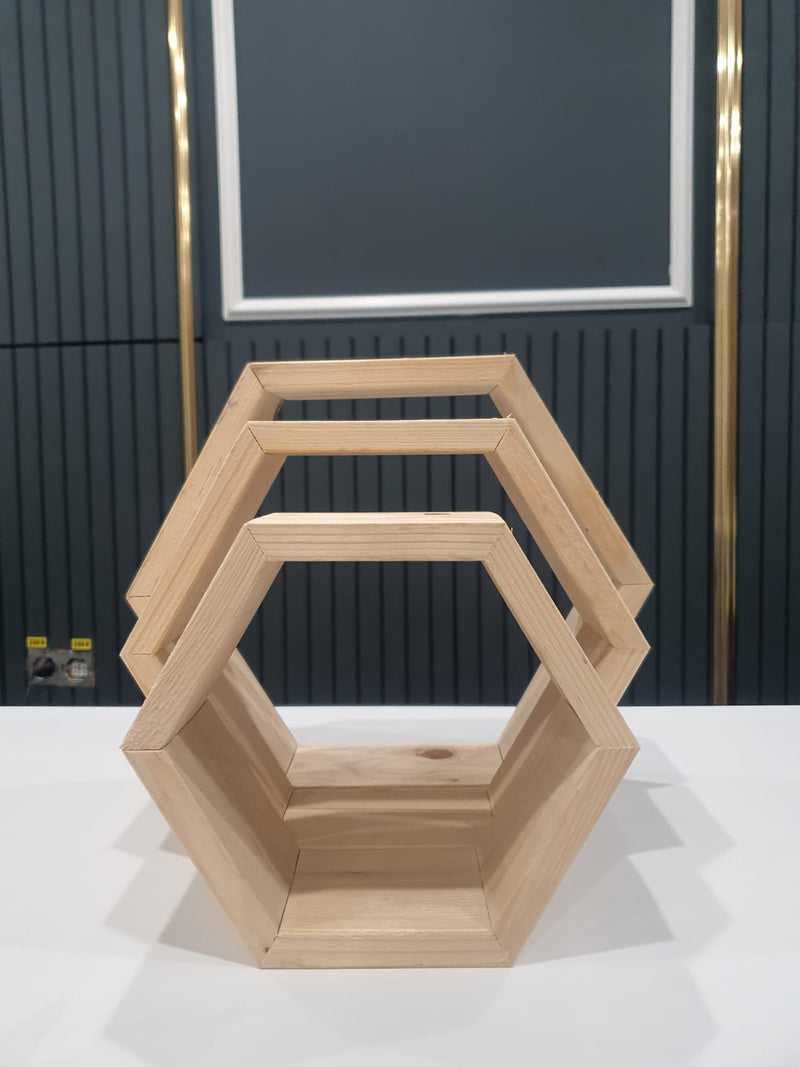 Raft de perete decorativ din lemn 3 hexagoane