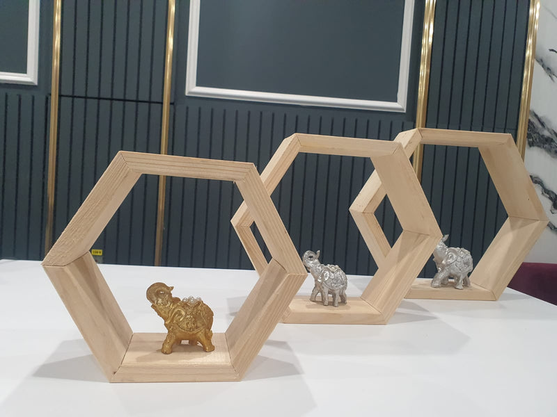 Raft de perete decorativ din lemn 3 hexagoane