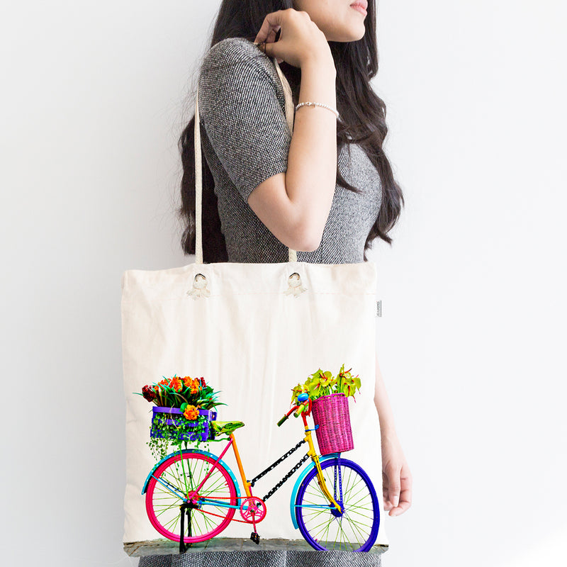Geantă de plajă cu fermoar imprimată digital cu model bicicletă modernă- q-home.ro