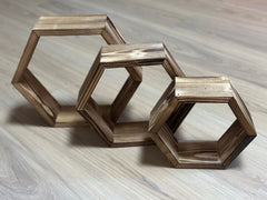 Raft de perete decorativ din lemn 3 hexagoane